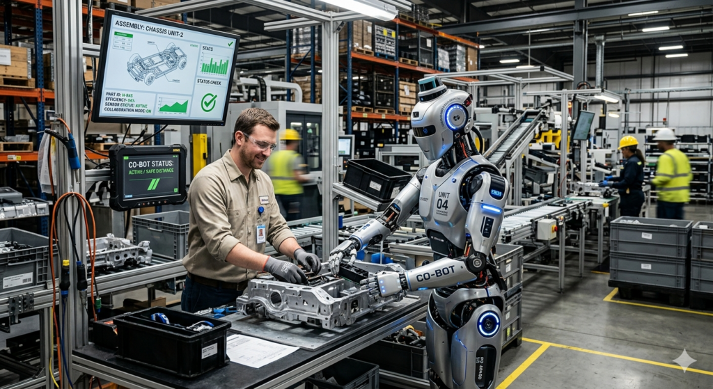 Robot humanoide colaborando con un operario humano en una fábrica.